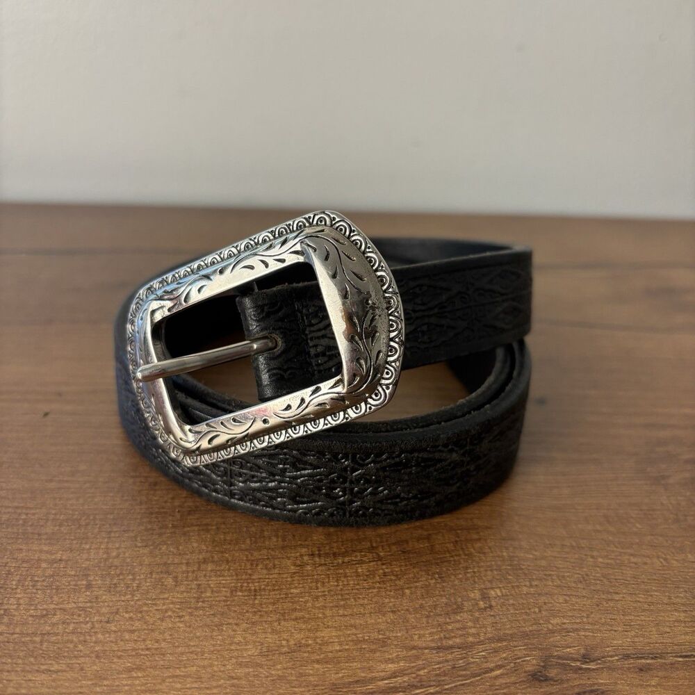 VTG Levi's Black Full Grain Leather Western Belt Womens M Tooled Floral USA Made